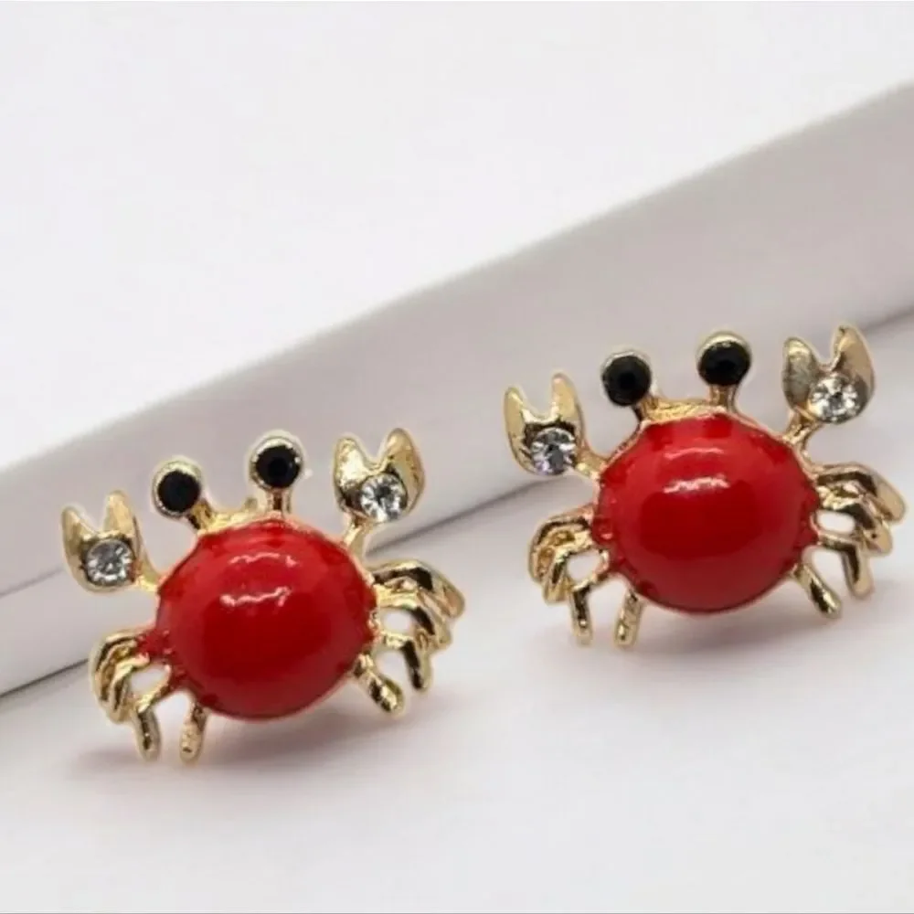 Crab Earrings Red Gold Rhinestone Stud Nautical Coastal Cute Vacation Jewelry
